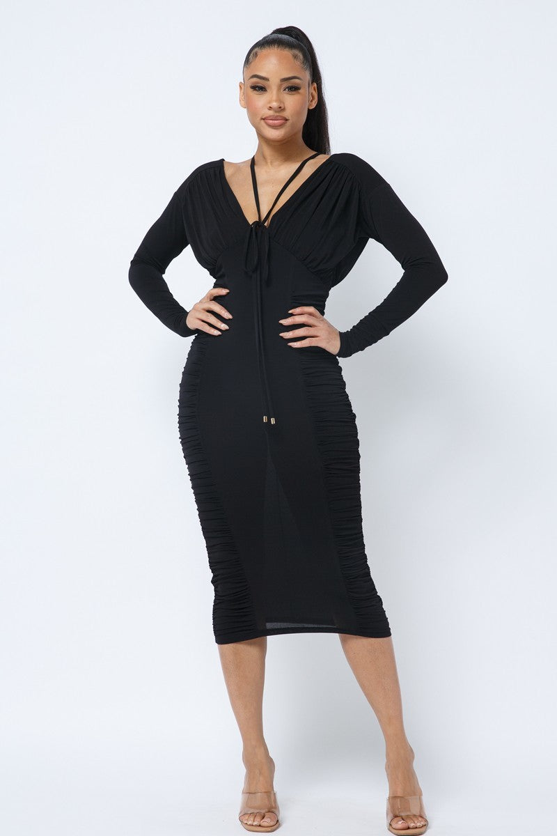 Long Sleeve Midi Dress With Low V Neck Front And Back With Ruching On Sides And Chest - LOLA LUXE