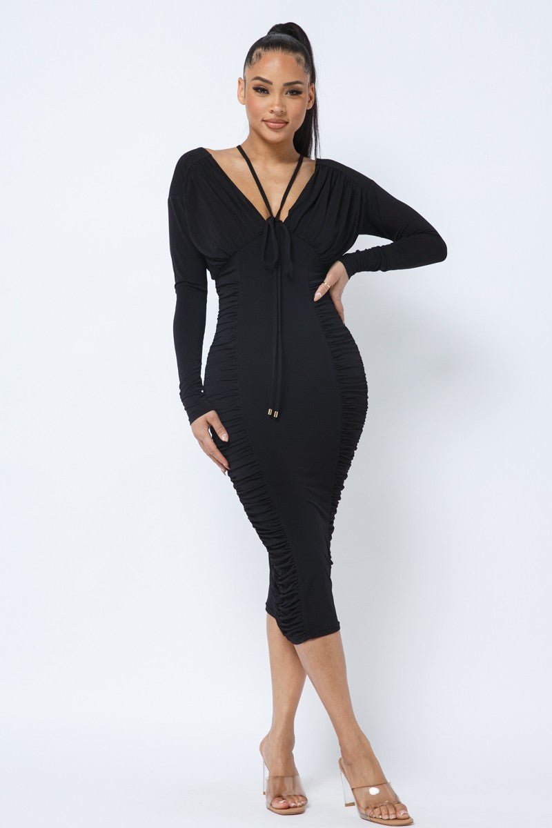 Long Sleeve Midi Dress With Low V Neck Front And Back With Ruching On Sides And Chest - LOLA LUXE