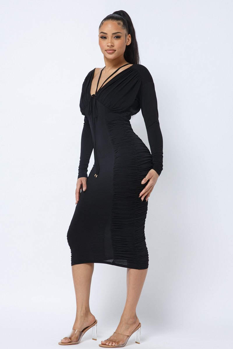 Long Sleeve Midi Dress With Low V Neck Front And Back With Ruching On Sides And Chest - LOLA LUXE