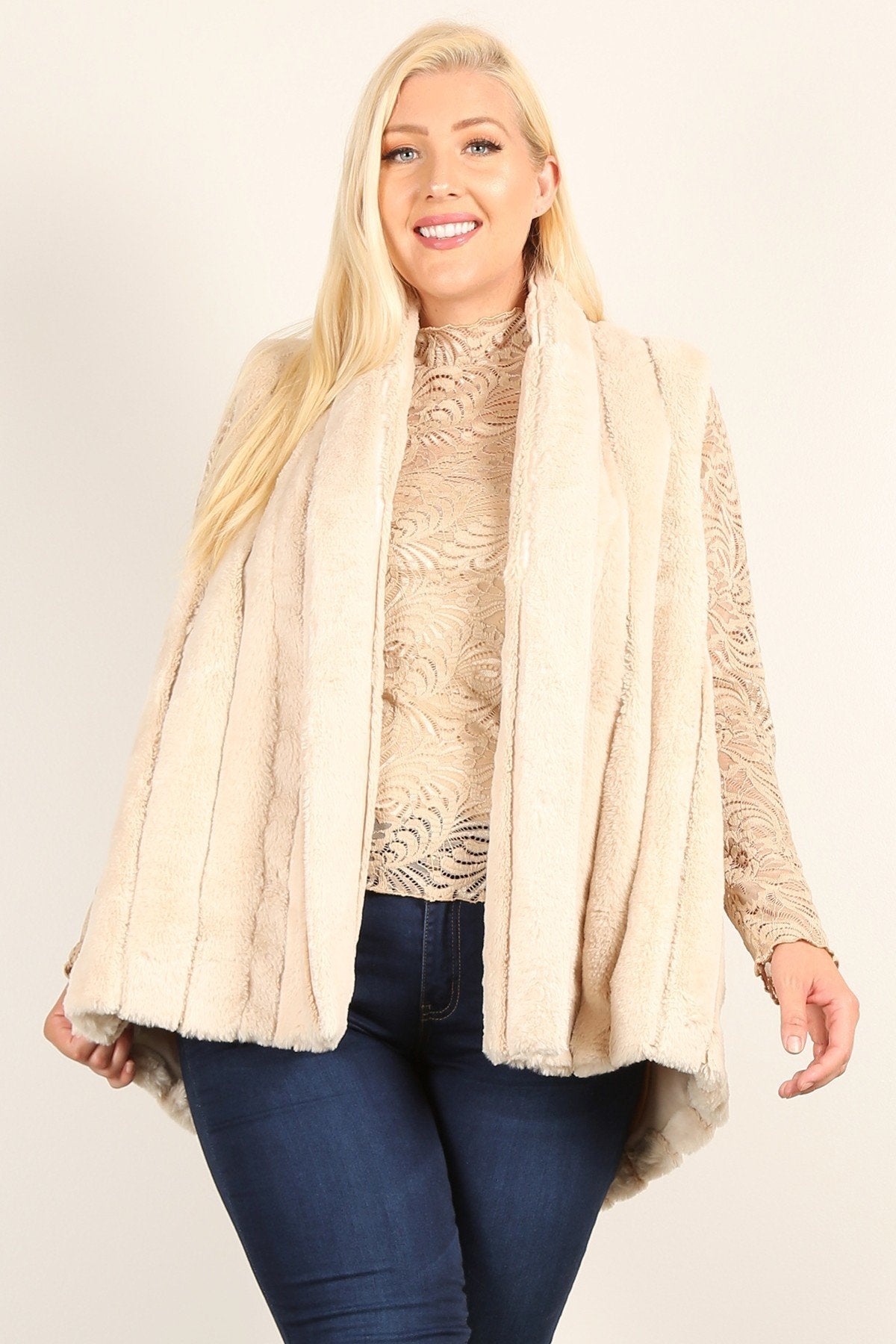 Plus Size Faux Fur Vest Jacket With Open Front, Hi-lo Hem, And Pockets - LOLA LUXE