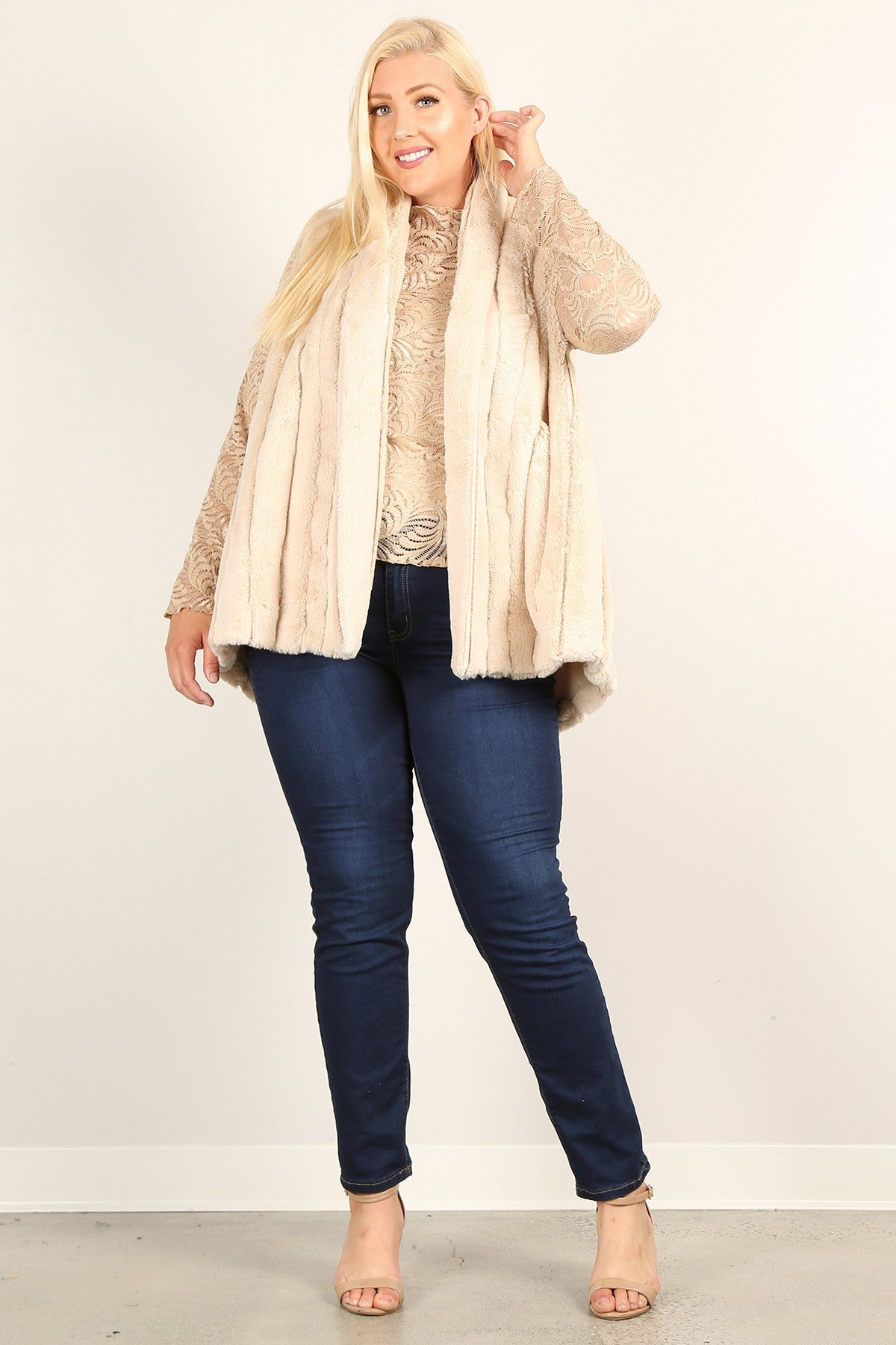 Plus Size Faux Fur Vest Jacket With Open Front, Hi-lo Hem, And Pockets - LOLA LUXE