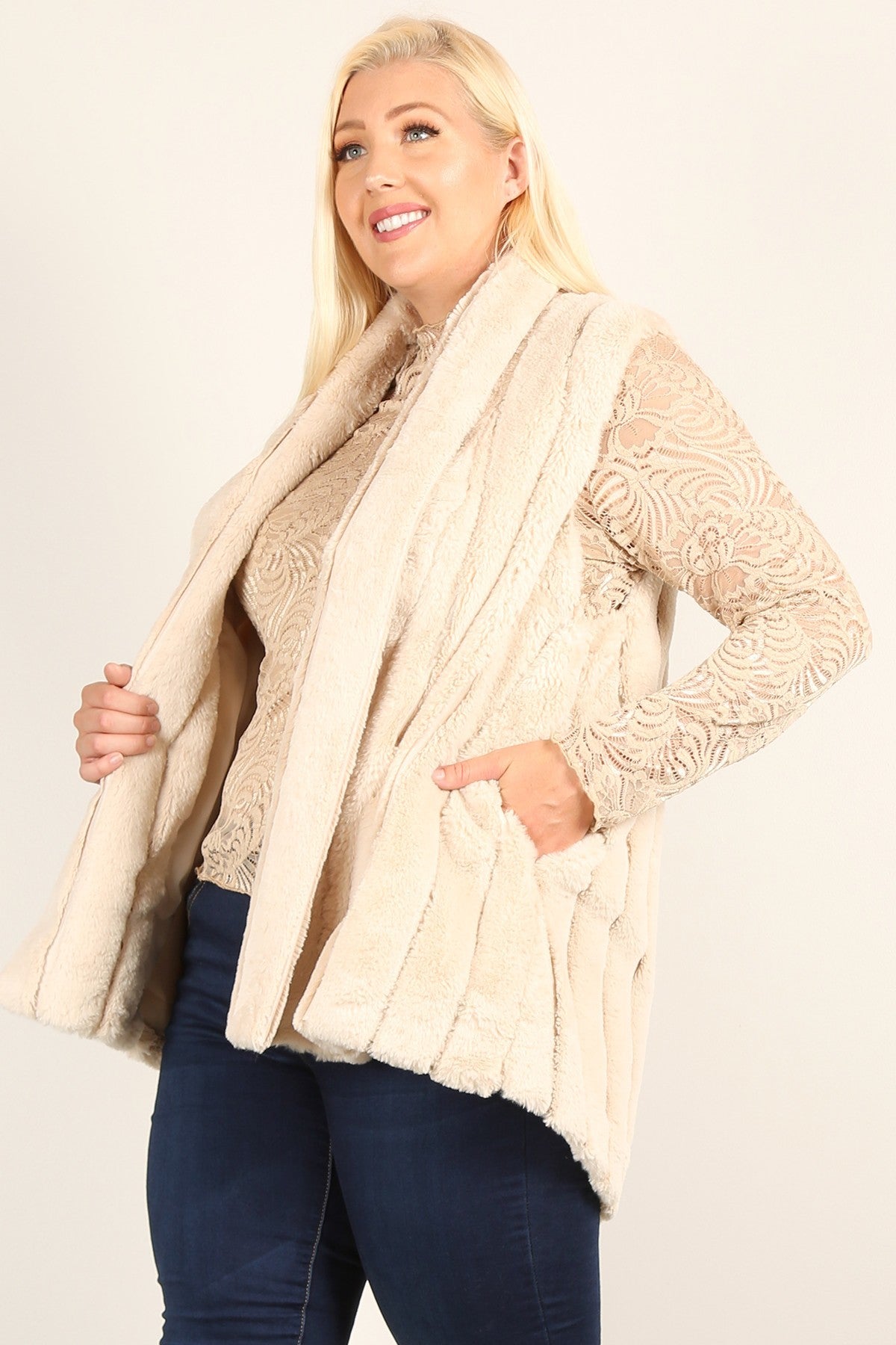 Plus Size Faux Fur Vest Jacket With Open Front, Hi-lo Hem, And Pockets - LOLA LUXE