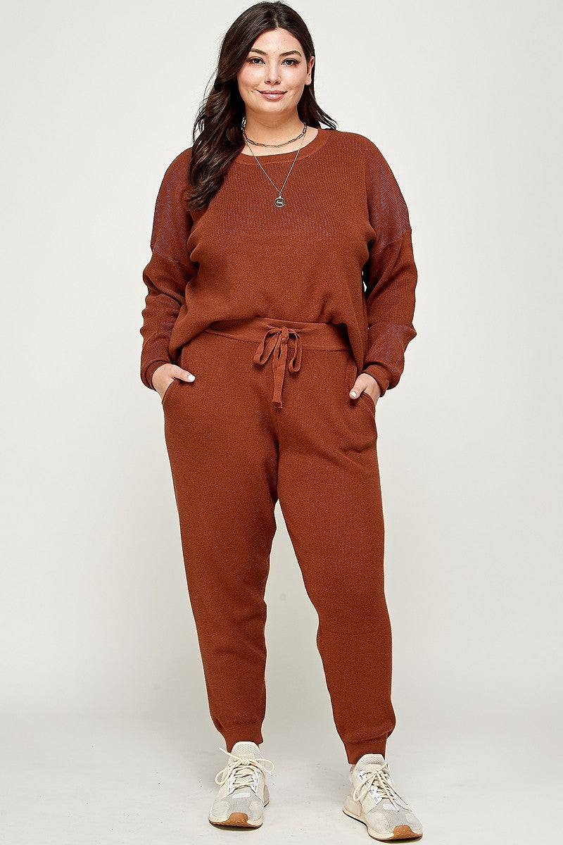 Plus Size Solid Sweater Knit Top And Pant Set - LOLA LUXE