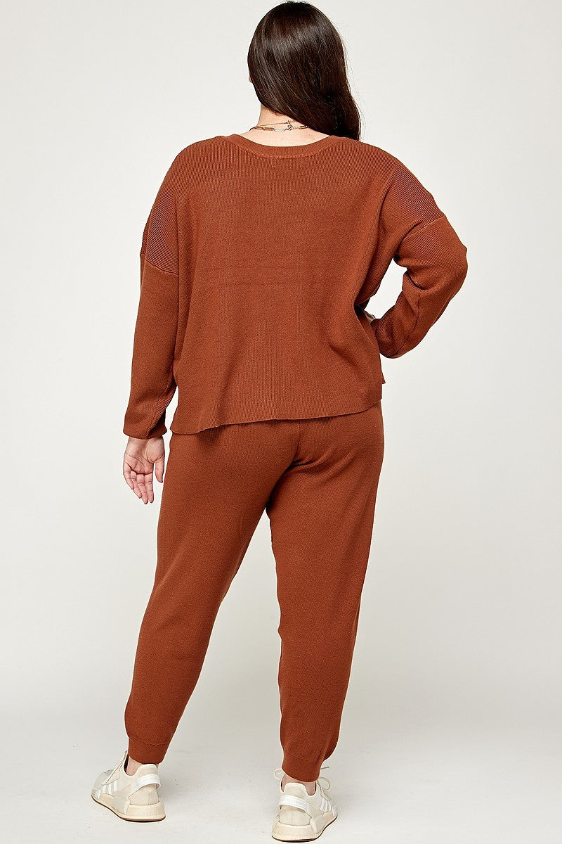 Plus Size Solid Sweater Knit Top And Pant Set - LOLA LUXE