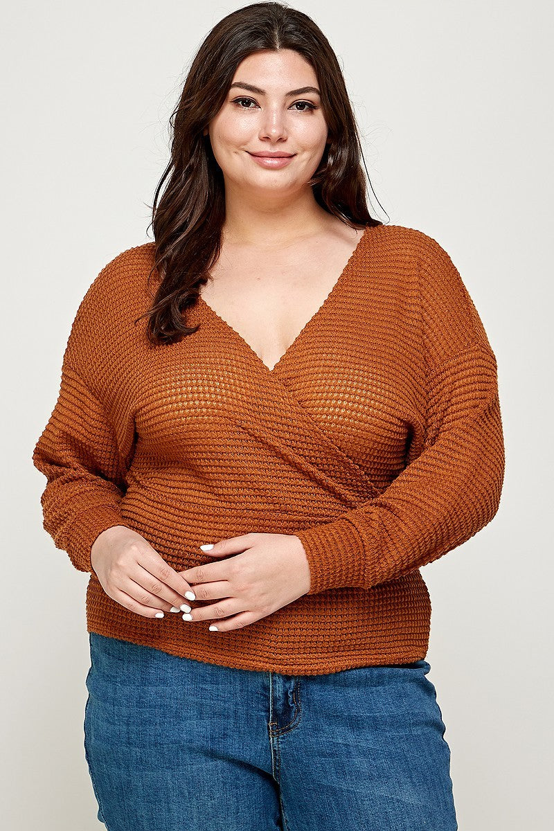 Plus Size Textured Waffle Sweater Knit Top - LOLA LUXE