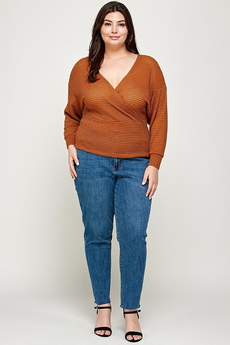 Plus Size Textured Waffle Sweater Knit Top - LOLA LUXE