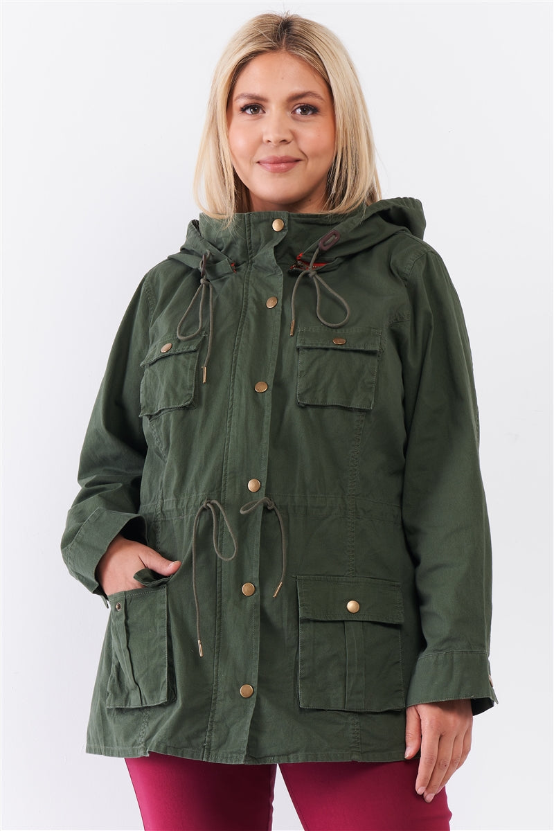 Plus Olive Cotton Front Zip-up & Button Down Detachable Hood Detail Utility Jacket - LOLA LUXE