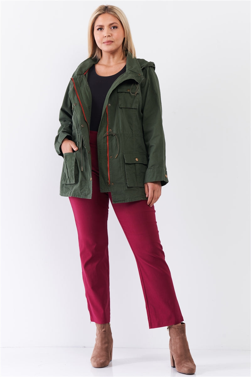 Plus Olive Cotton Front Zip-up & Button Down Detachable Hood Detail Utility Jacket - LOLA LUXE