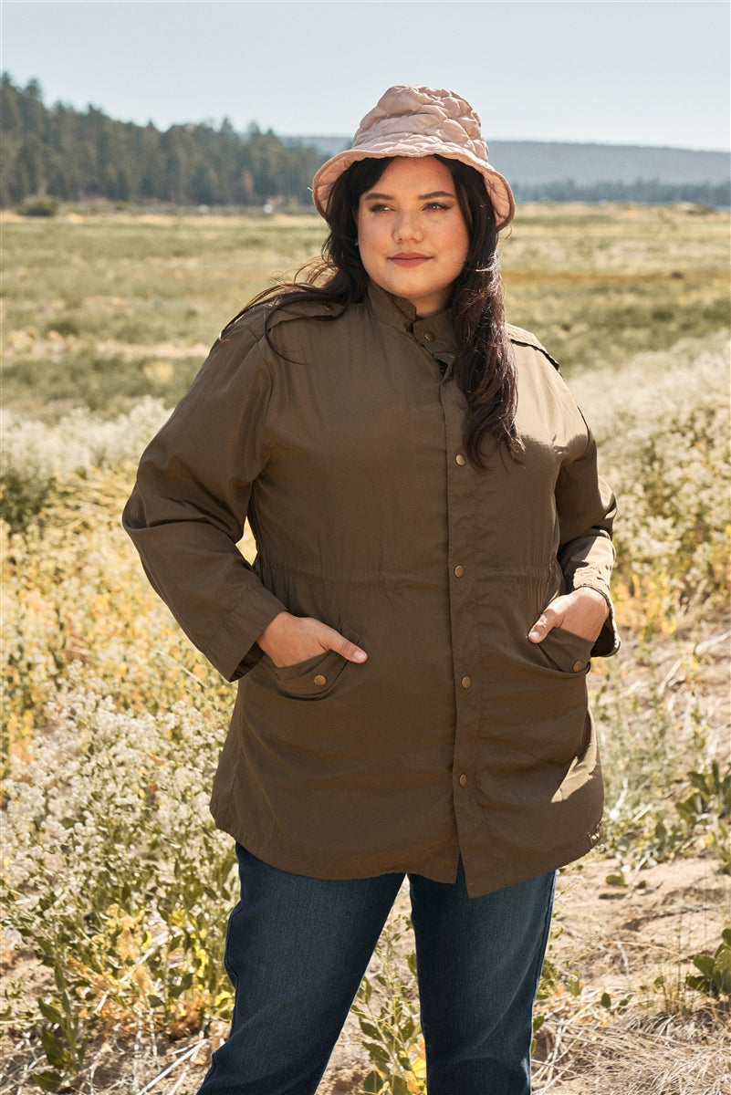 Plus Size Glossy Drawstring Hem Button-down Coach Jacket - LOLA LUXE