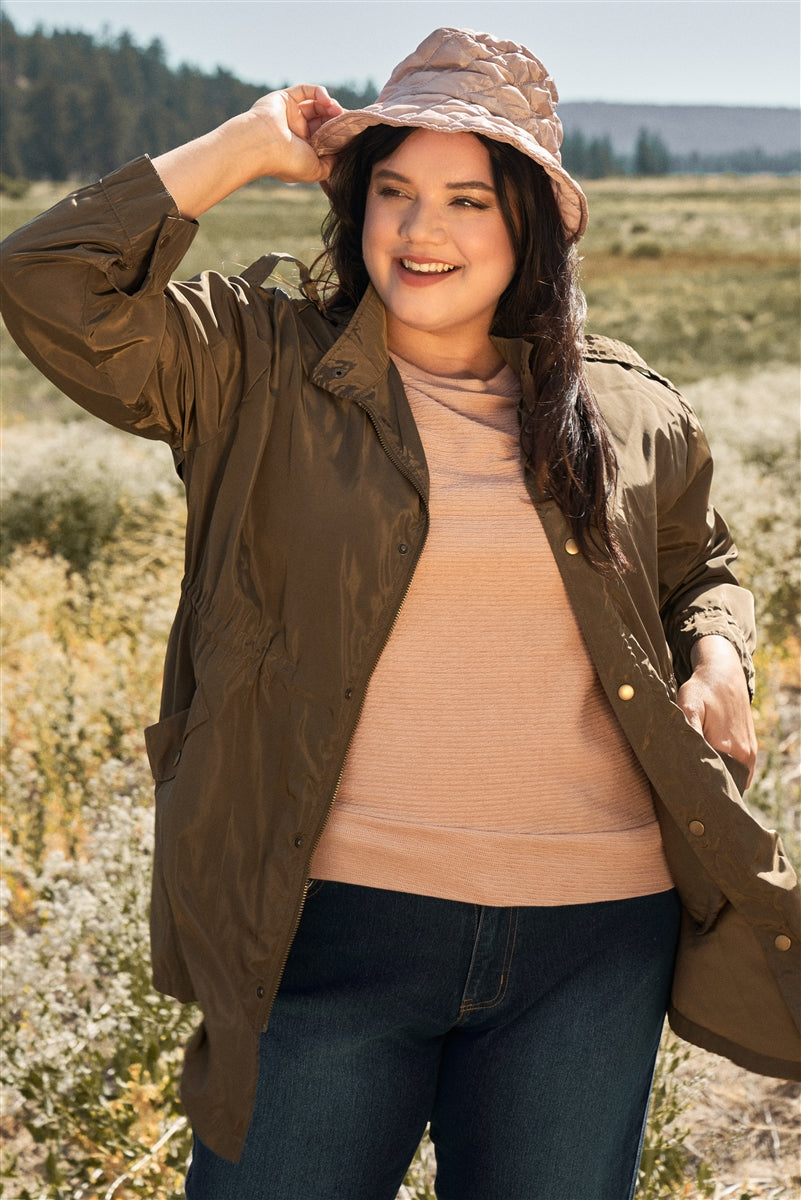 Plus Size Glossy Drawstring Hem Button-down Coach Jacket - LOLA LUXE