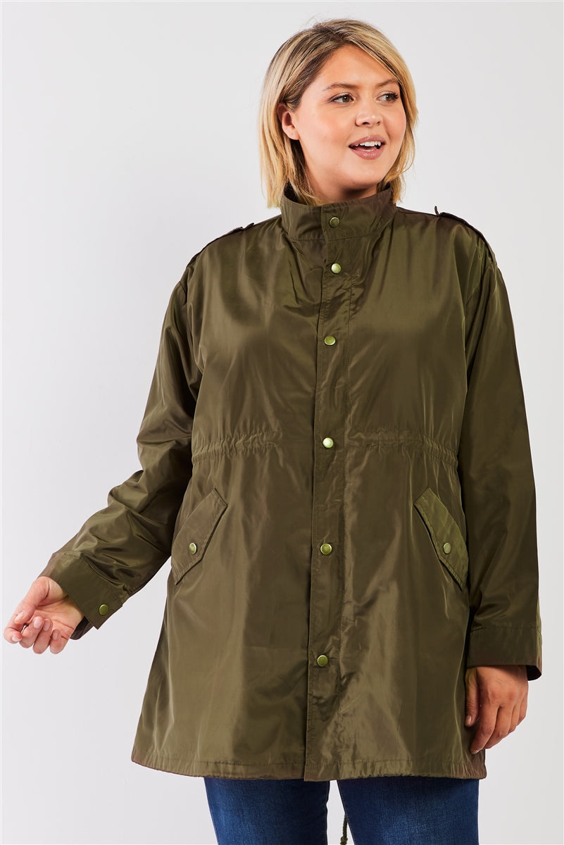 Plus Size Glossy Drawstring Hem Button-down Coach Jacket - LOLA LUXE