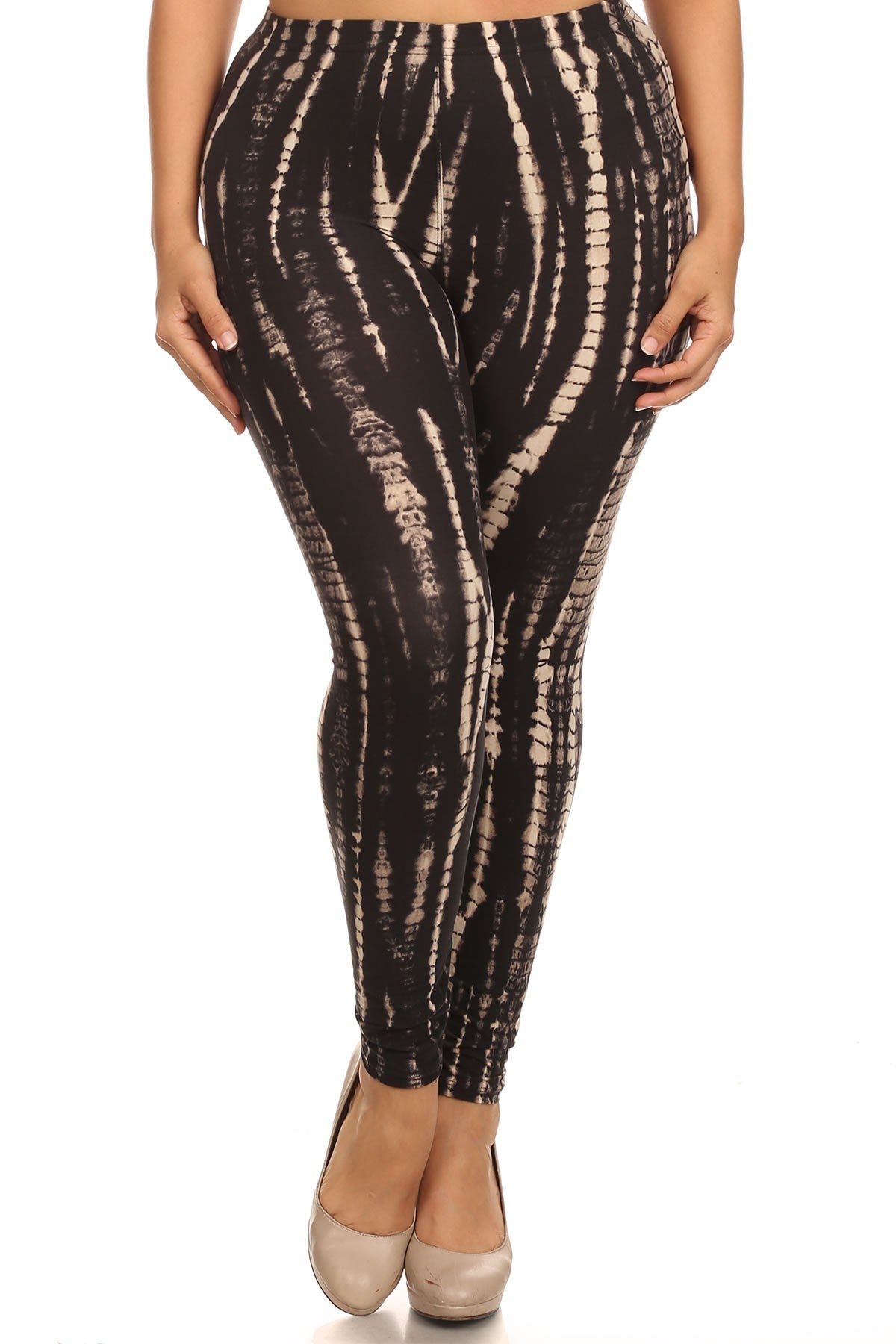 Plus Size Black And Tan Tie Dye Print Full Length Fitted Leggings With High Waist. - LOLA LUXE