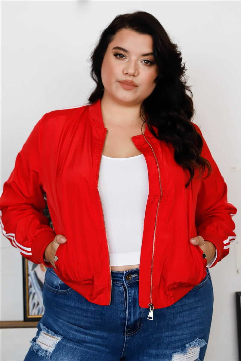 Plus Size Red & White Retro Le Mans Stripe Trim Sporty Windbreaker Bomber Jacket - LOLA LUXE