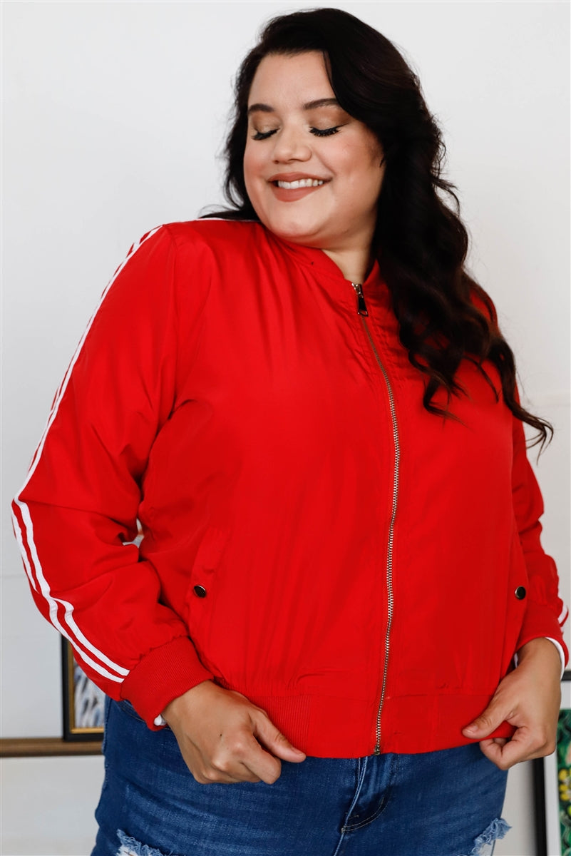 Plus Size Red & White Retro Le Mans Stripe Trim Sporty Windbreaker Bomber Jacket - LOLA LUXE