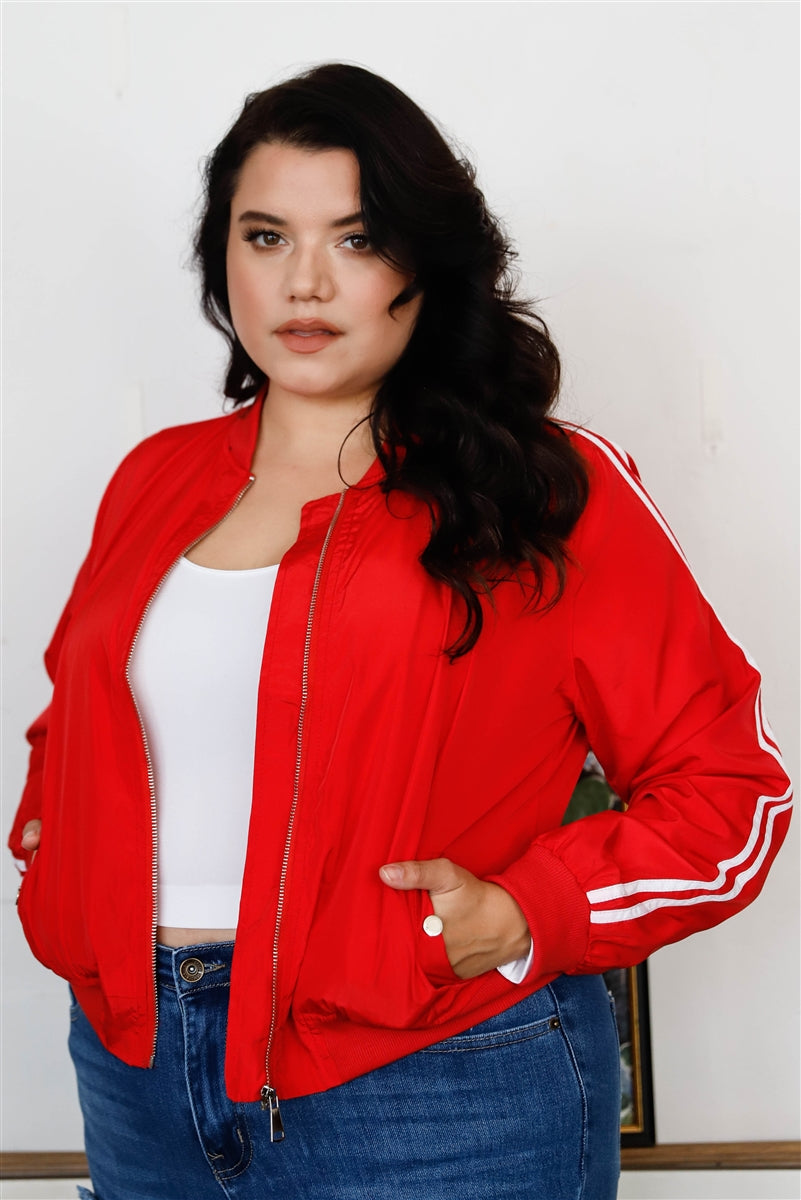 Plus Size Red & White Retro Le Mans Stripe Trim Sporty Windbreaker Bomber Jacket - LOLA LUXE