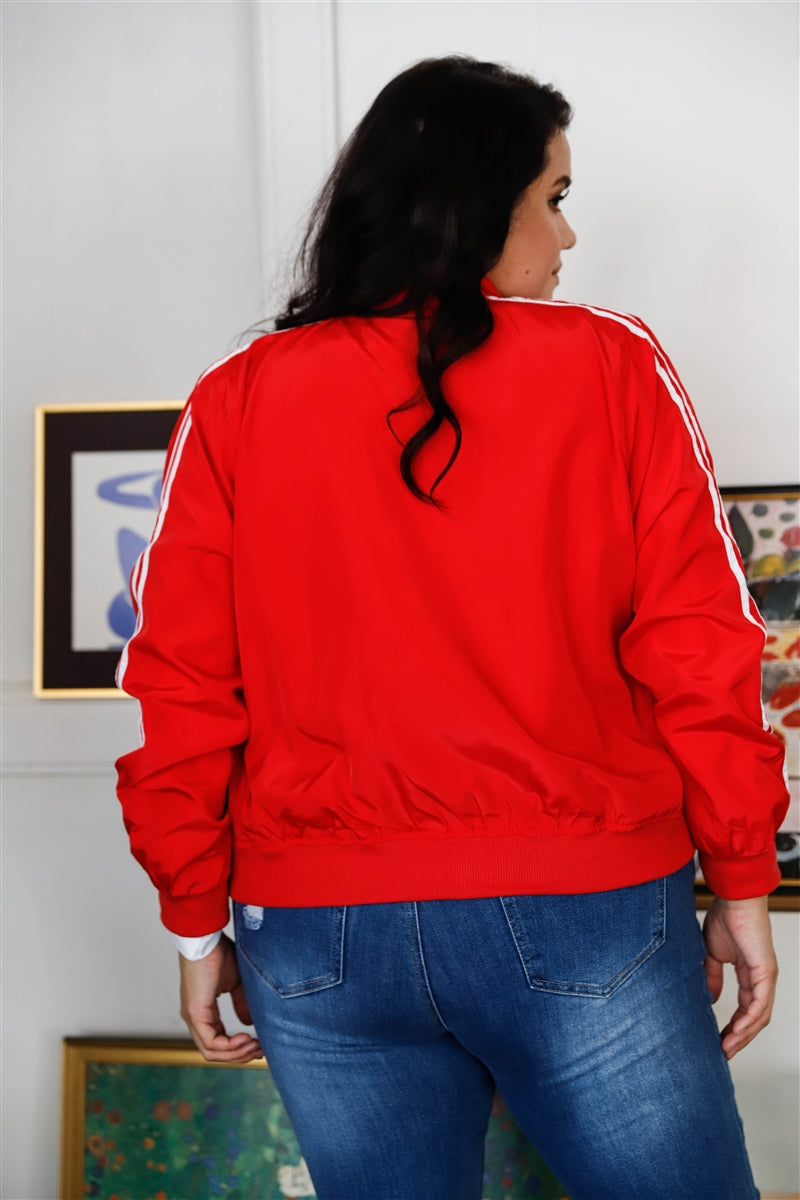 Plus Size Red & White Retro Le Mans Stripe Trim Sporty Windbreaker Bomber Jacket - LOLA LUXE