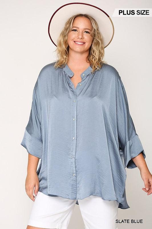 Washed Satin Button Down Loose Fit Top With Hi-lo Hem - LOLA LUXE