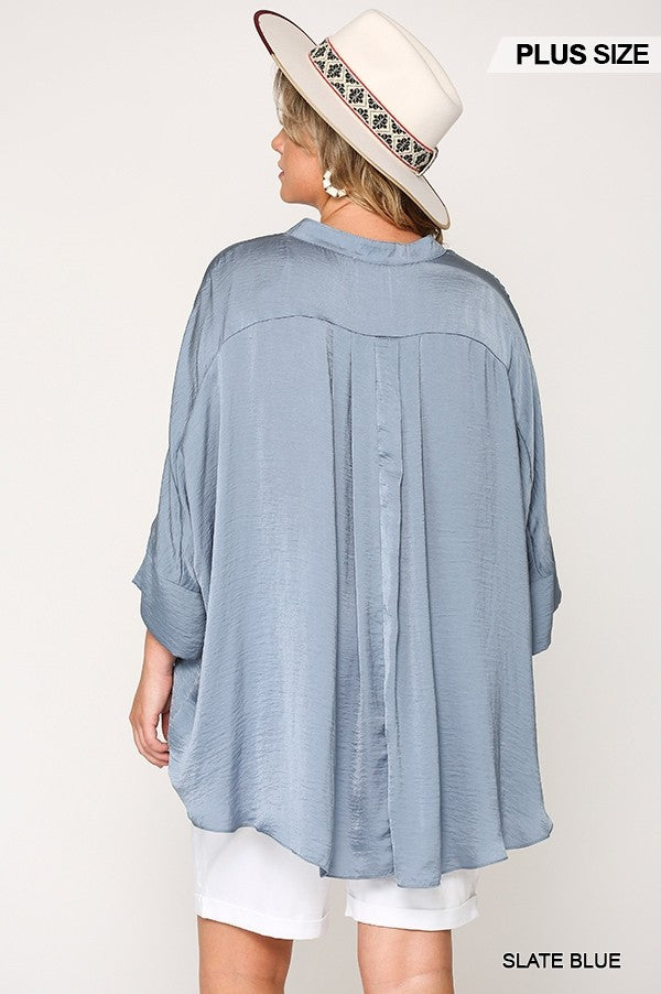 Washed Satin Button Down Loose Fit Top With Hi-lo Hem - LOLA LUXE