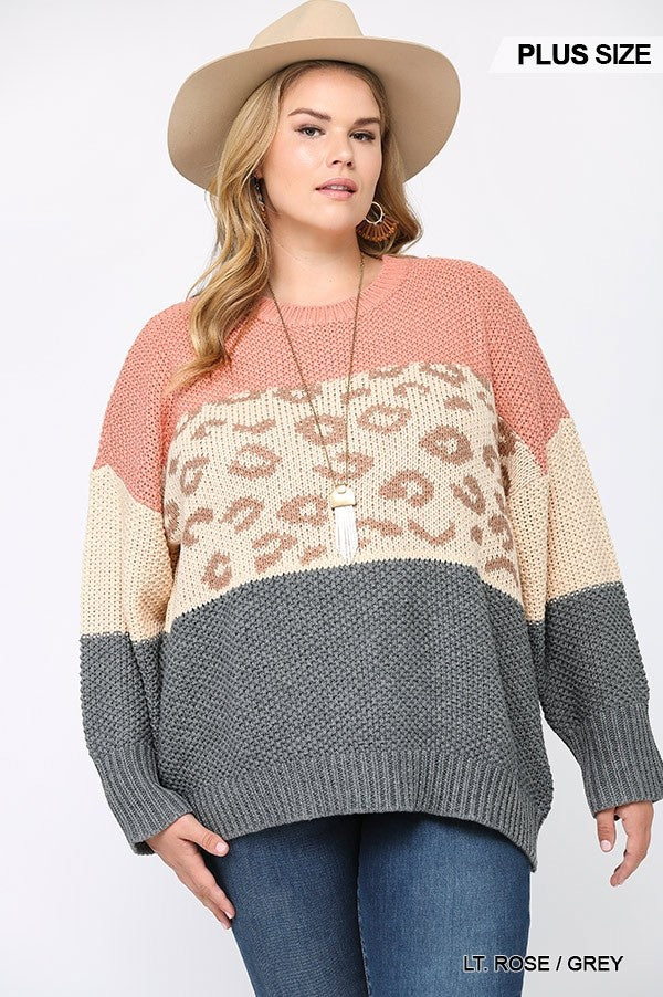 Color Block And Leopard Pattern Mixed Pullover Sweater - LOLA LUXE