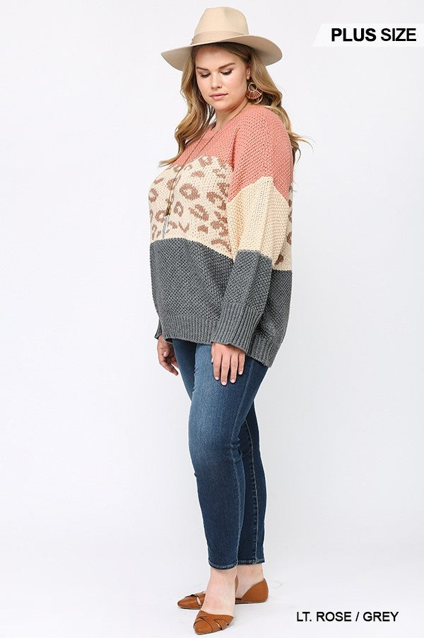 Color Block And Leopard Pattern Mixed Pullover Sweater - LOLA LUXE