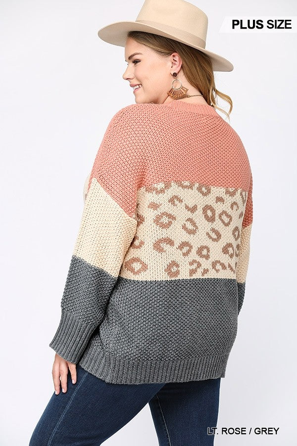 Color Block And Leopard Pattern Mixed Pullover Sweater - LOLA LUXE