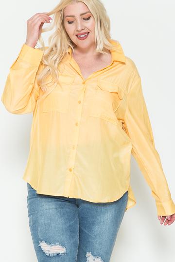 Plus Size Chest Pocket Oversized Satin Shirt - LOLA LUXE