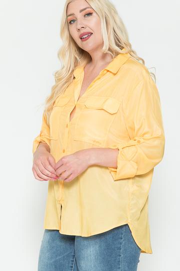 Plus Size Chest Pocket Oversized Satin Shirt - LOLA LUXE