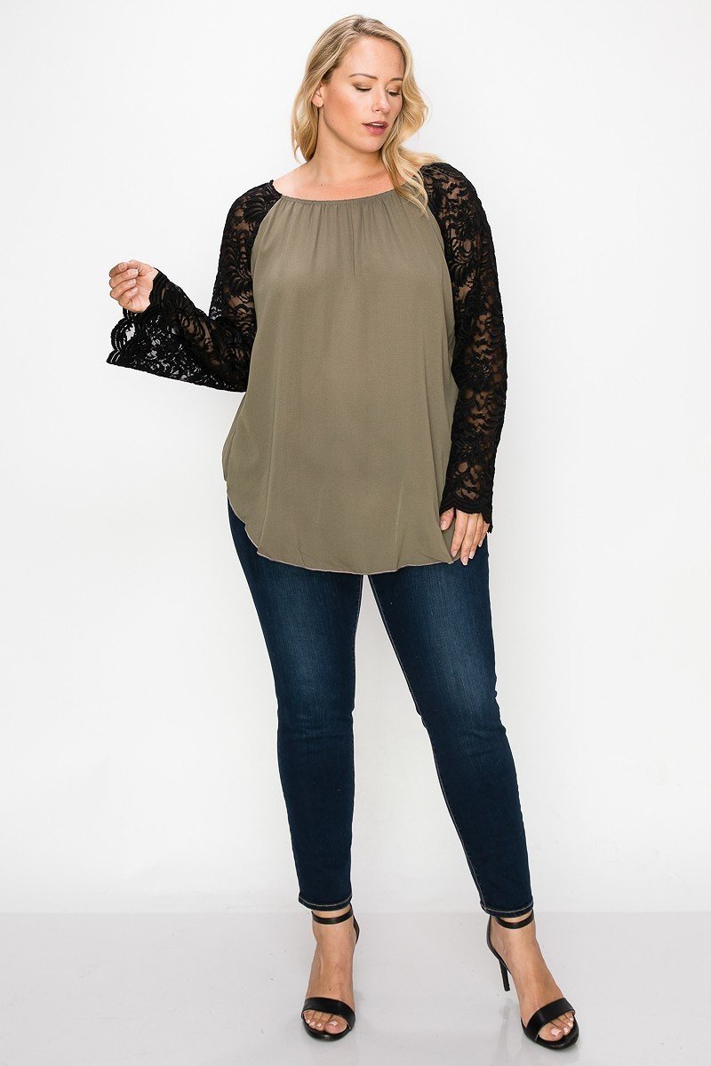 Solid Top Featuring Flattering Lace Bell Sleeves - LOLA LUXE