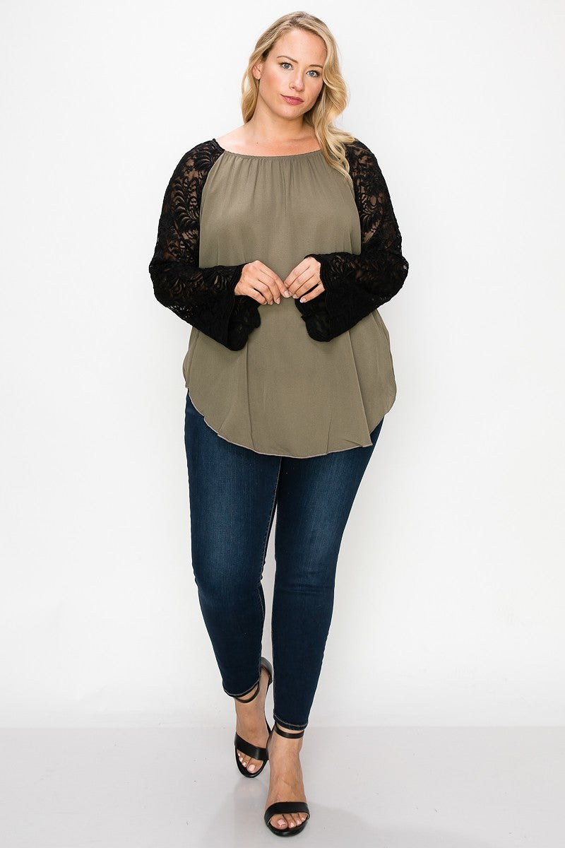 Solid Top Featuring Flattering Lace Bell Sleeves - LOLA LUXE