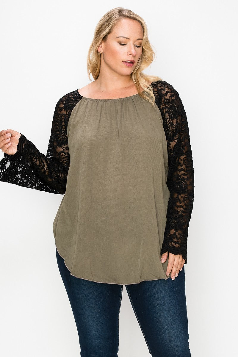 Solid Top Featuring Flattering Lace Bell Sleeves - LOLA LUXE