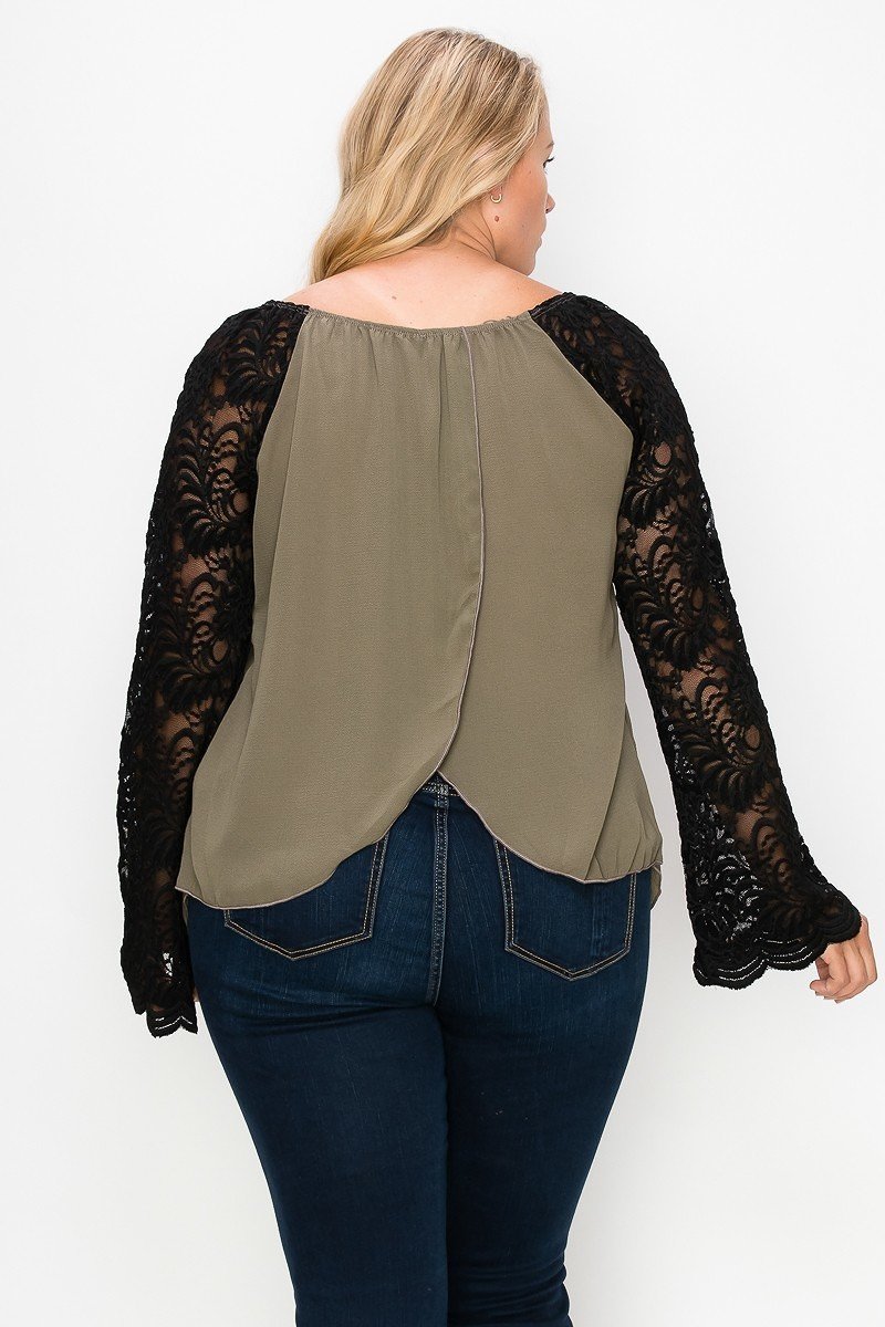 Solid Top Featuring Flattering Lace Bell Sleeves - LOLA LUXE