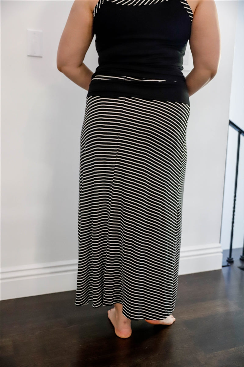 Plus Black Striped V-neck Top & Maxi Skirt Set - LOLA LUXE