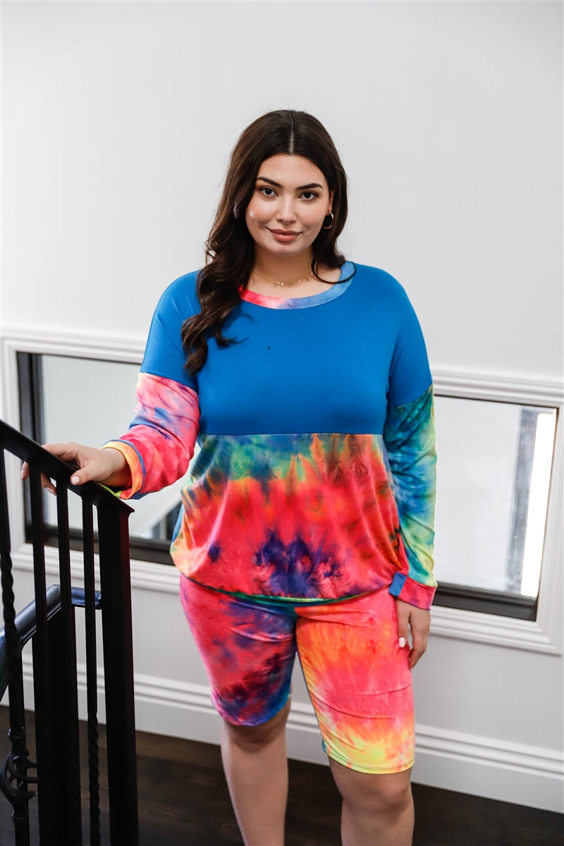 Plus Blue Neon Rainbow Tie-dye Colorblock Long Sleeve Top & Biker Shorts Set - LOLA LUXE