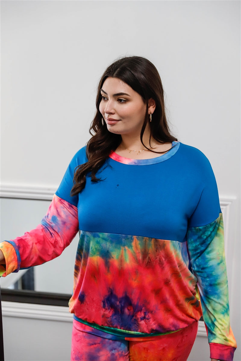 Plus Blue Neon Rainbow Tie-dye Colorblock Long Sleeve Top & Biker Shorts Set - LOLA LUXE