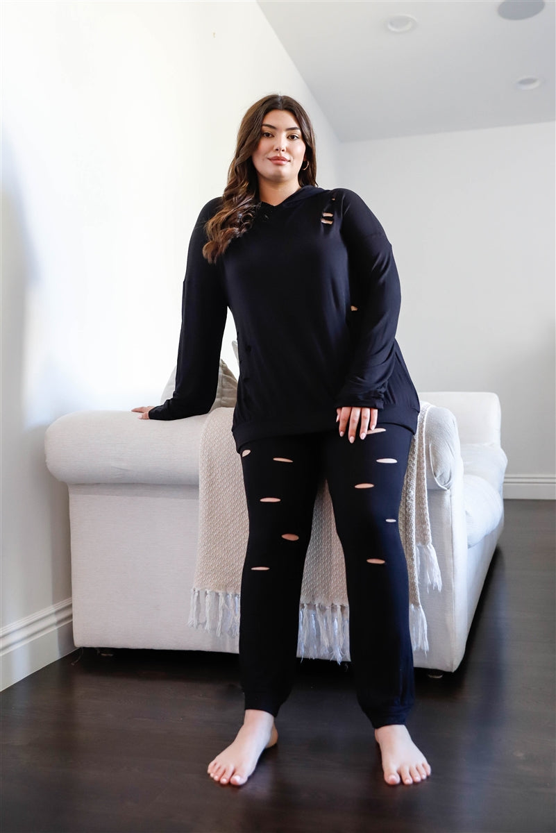 Plus Black Distressed Hooded Long Sleeve Top & Pants Set - LOLA LUXE