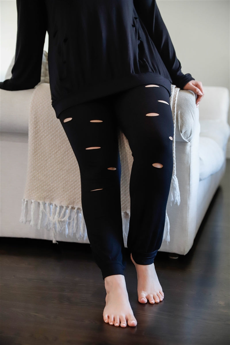 Plus Black Distressed Hooded Long Sleeve Top & Pants Set - LOLA LUXE