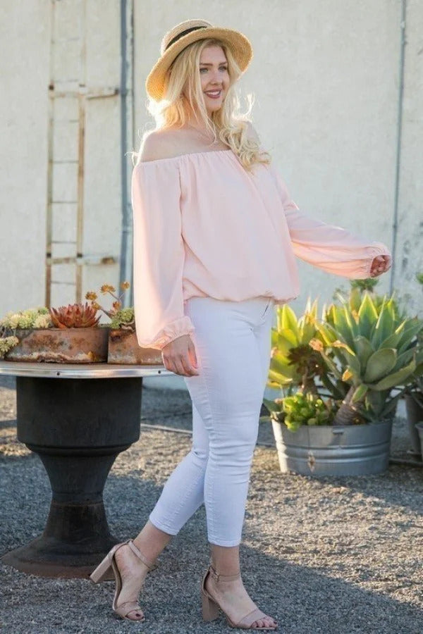 Off Shoulder Long Bubble Sleeve Solid Top - lolaluxeshop