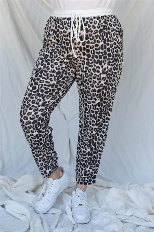 Plus Brown Leopard Print Two Pocket Joggers Pants - lolaluxeshop