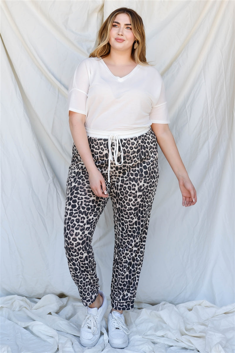 Plus Brown Leopard Print Two Pocket Joggers Pants - lolaluxeshop