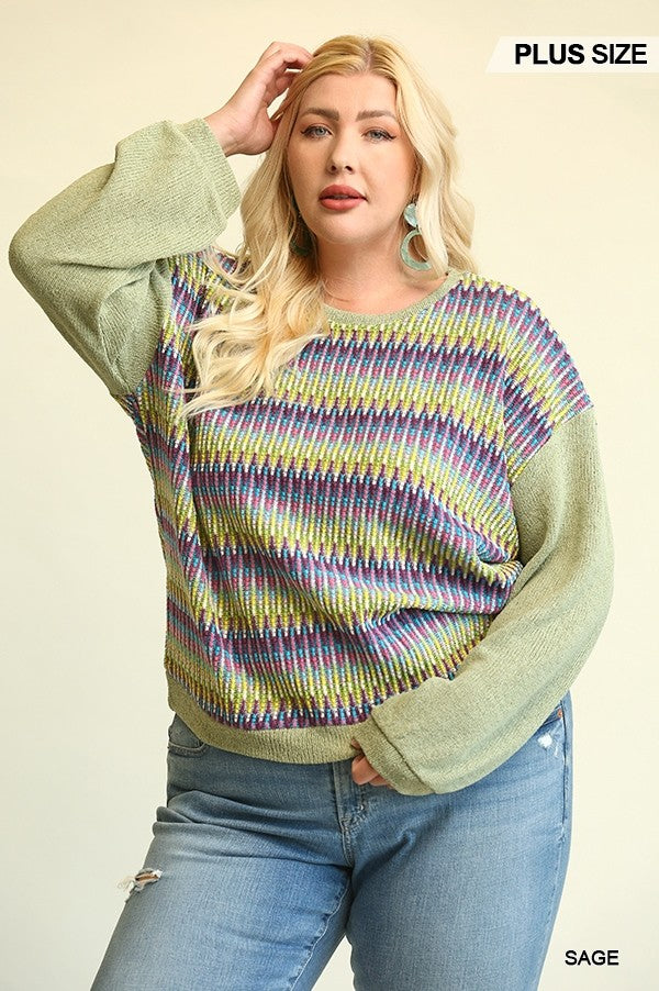 Novelty Knit And Solid Knit Mixed Loose Top With Drop Down Shoulder - lolaluxeshop