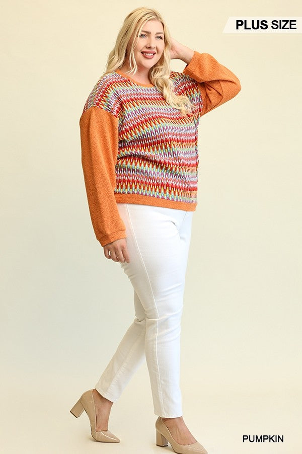 Novelty Knit And Solid Knit Mixed Loose Top With Drop Down Shoulder - lolaluxeshop