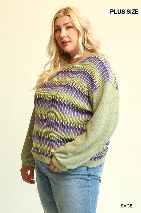 Novelty Knit And Solid Knit Mixed Loose Top With Drop Down Shoulder - lolaluxeshop