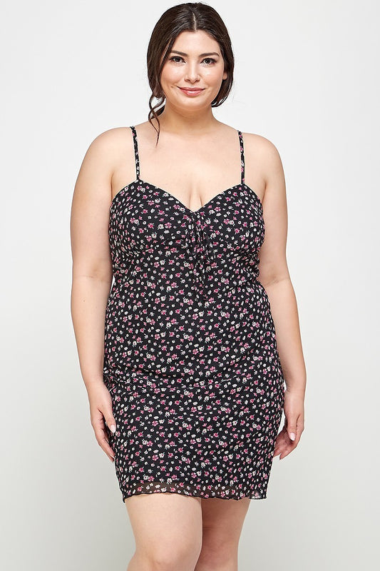 Plus Size Ditsy Floral Print On Mesh Fabric Cami Dress - lolaluxeshop