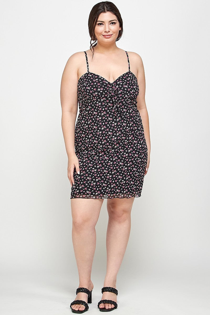 Plus Size Ditsy Floral Print On Mesh Fabric Cami Dress - lolaluxeshop