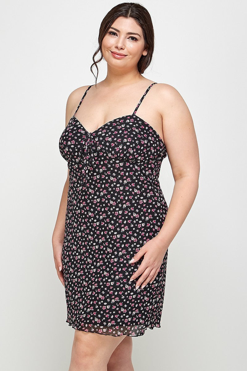 Plus Size Ditsy Floral Print On Mesh Fabric Cami Dress - lolaluxeshop