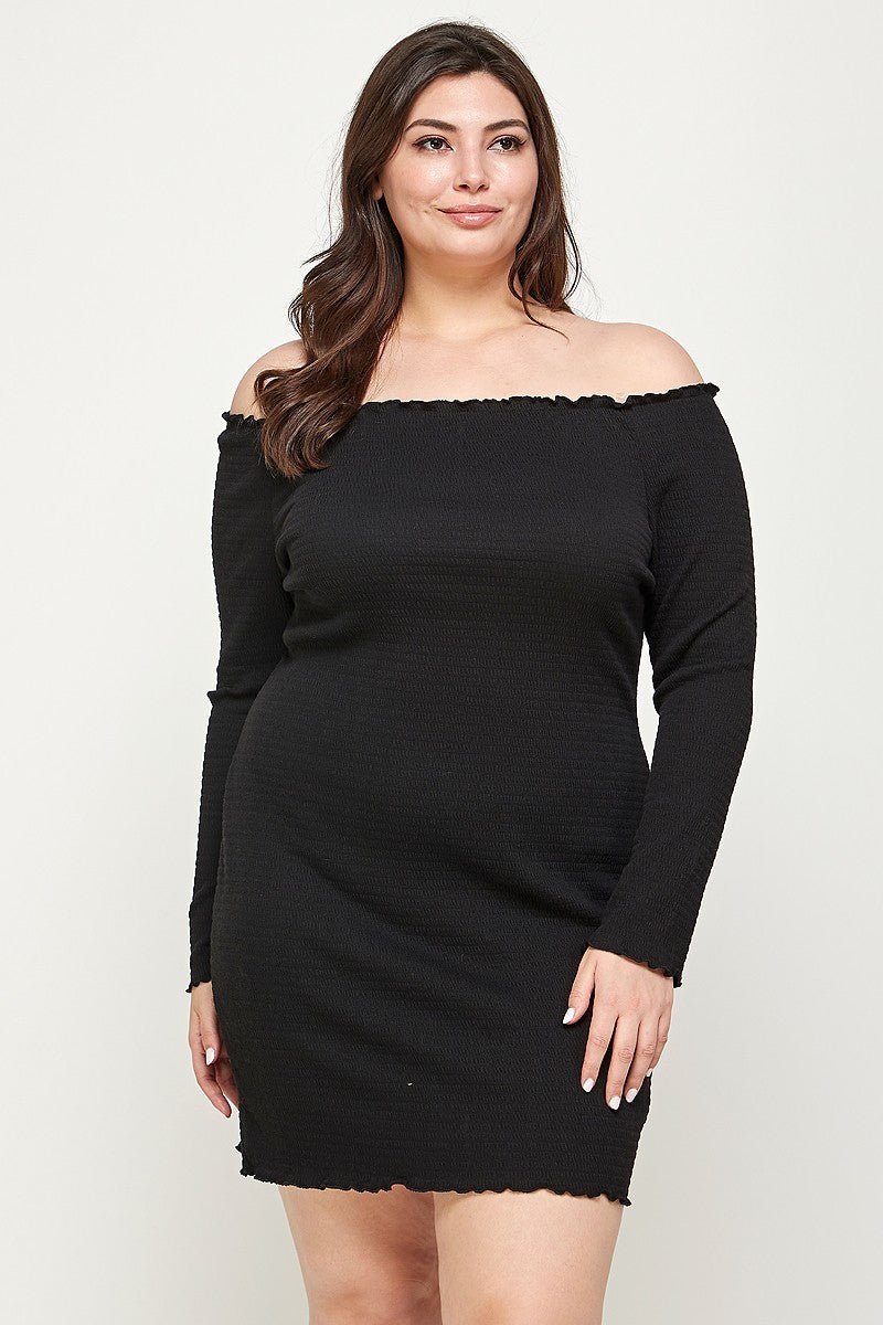 Plus Size, Solid Smocked Off Shoulder Dress - lolaluxeshop