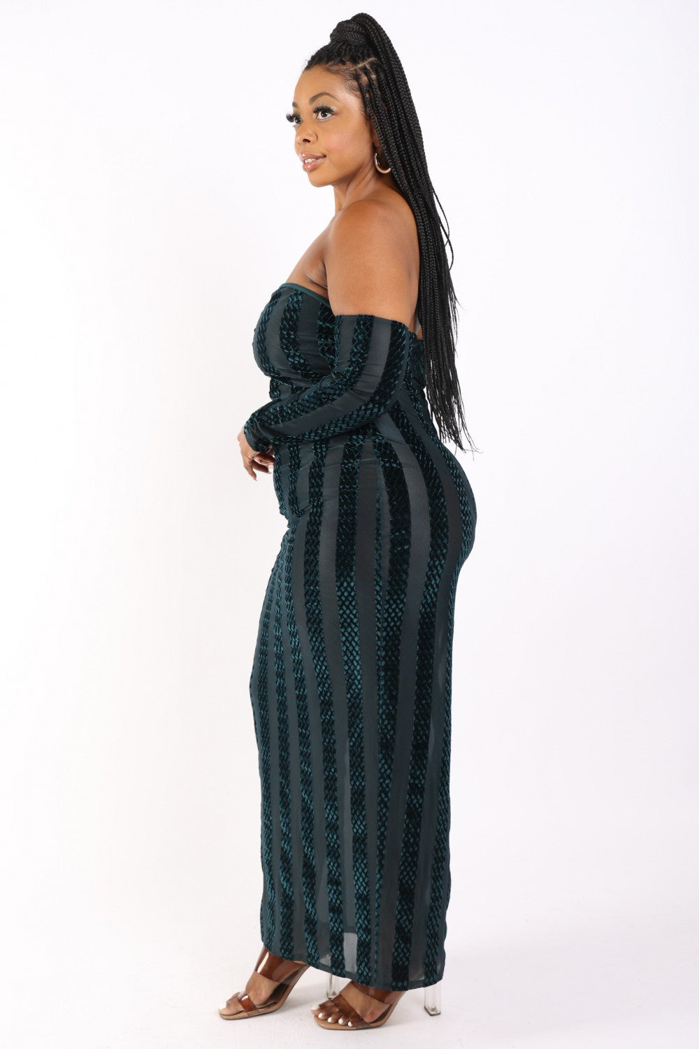 Striped Velvet Off Shoulder Dress - lolaluxeshop