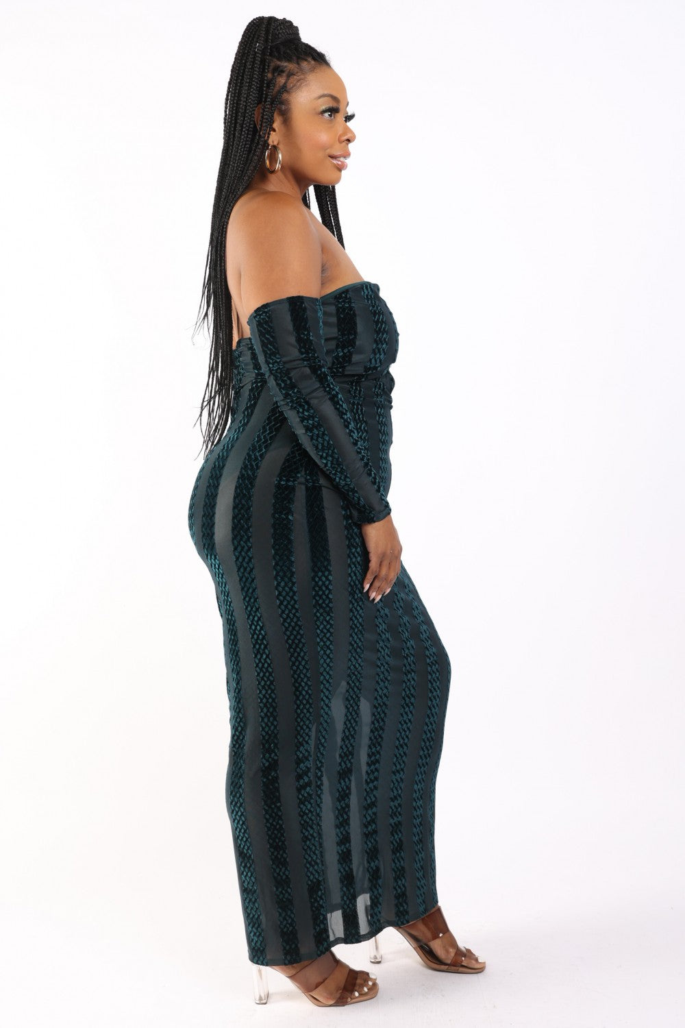 Striped Velvet Off Shoulder Dress - lolaluxeshop