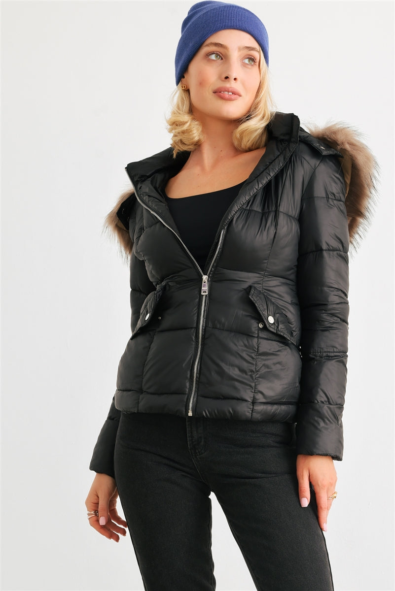 Long Sleeve Faux Fur Hood Padded Water Resistant Finish Jacket - lolaluxeshop