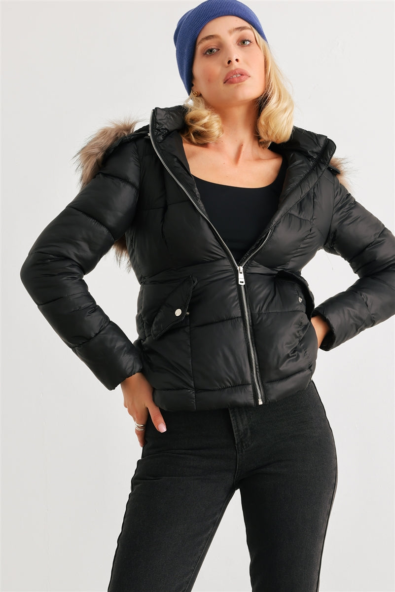 Long Sleeve Faux Fur Hood Padded Water Resistant Finish Jacket - lolaluxeshop